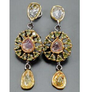 Amazing Natural Pink Tourmaline and Citrine Earrings Silver 925 Gold Plated
